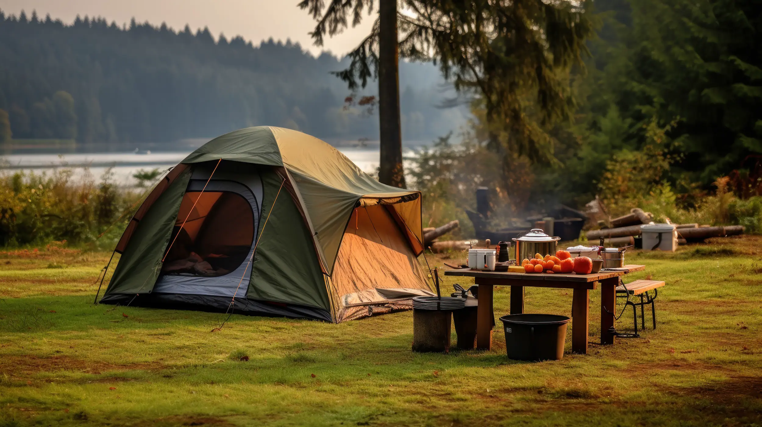 In einem Waldstück an einem See steht ein Zelt mit Camping-Ausrüstung und Essen auf einem Tisch neben dem Zelt.