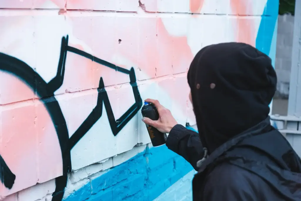 Ein maskierter Mensch sprayt ein Graffiti an eine Hauswand.