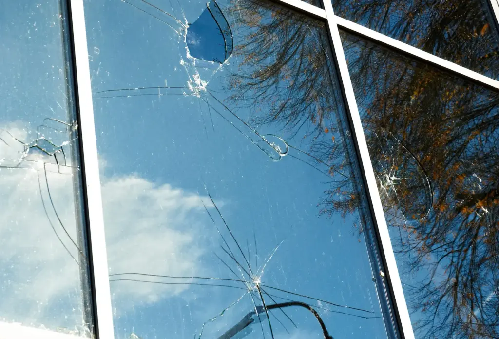 Zerstörte Glasscheiben-Front an einem Haus. Risse und Löcher in Scheiben.