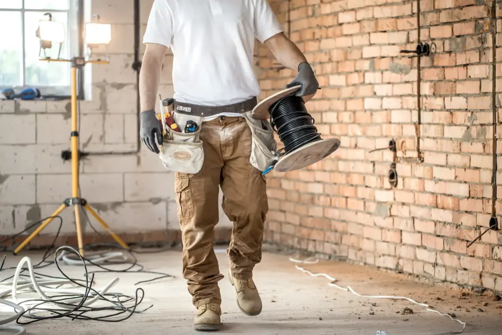 Ein Bauarbeiter mit einer Kabeltrommel auf einer Baustelle.