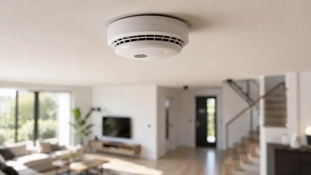 Rauchmelder an der Decke im Wohnzimmer.